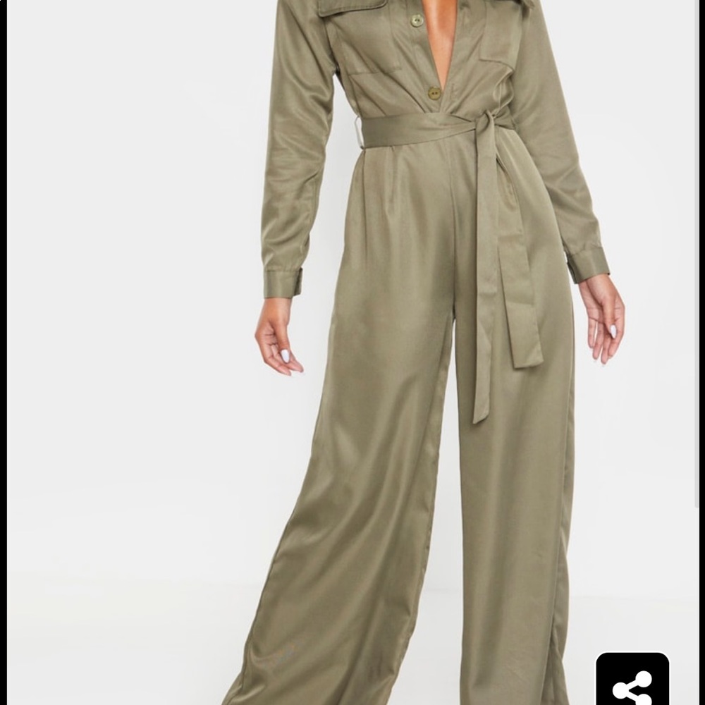PrettyLittleThing Khaki Belt Wide Leg Jumpsuit